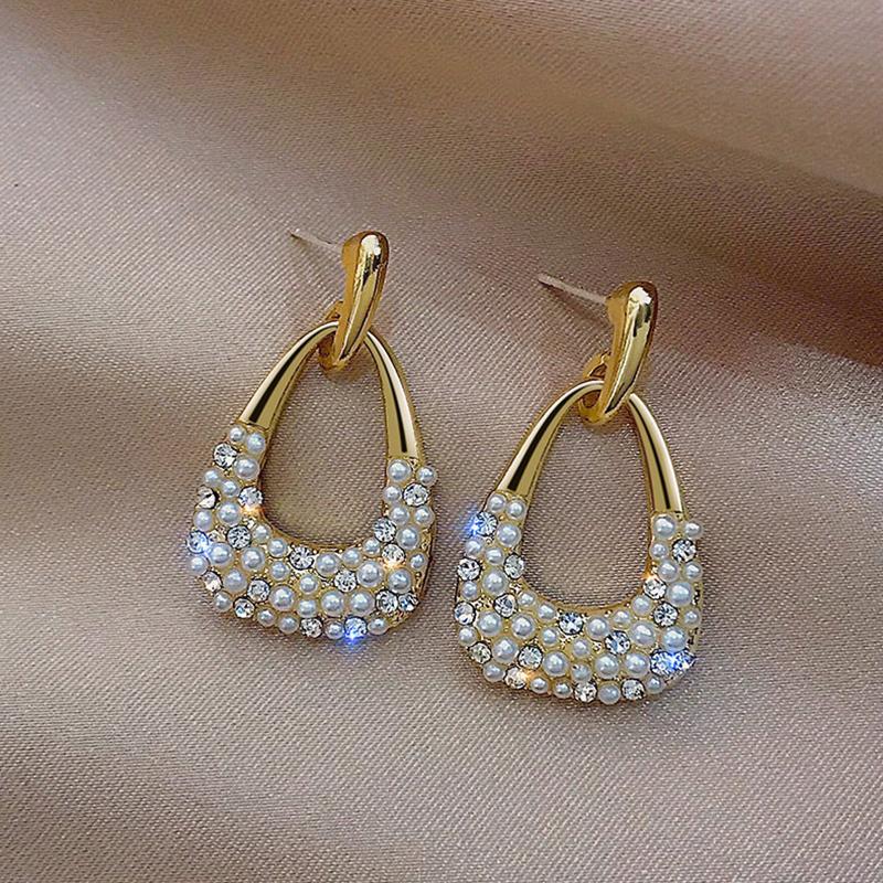 Trendy Crystal Geometric Dangle Earrings For Women Water Drop Imitation Pearl Round Tassel Earring Party Engagement Jewelry