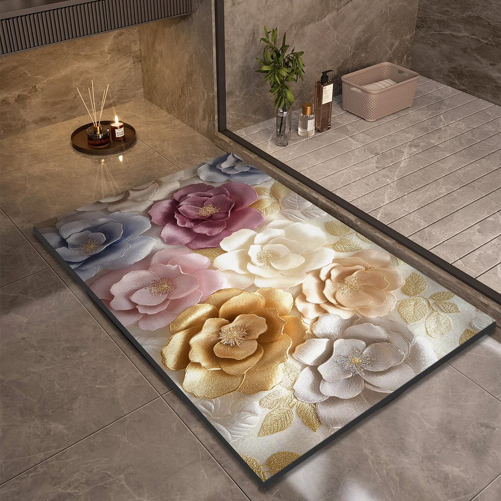 Flower Bathroom Bath Mat Non-slip Foot Mats Absorbent Quick Dry Shower Rugs Toilet Carpet Doormat Washable