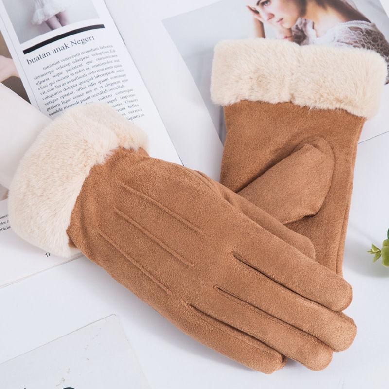 Suede gloves autumn and winter women's warm fleece thickened Korean version touch screen cold-proof cycling driving gloves