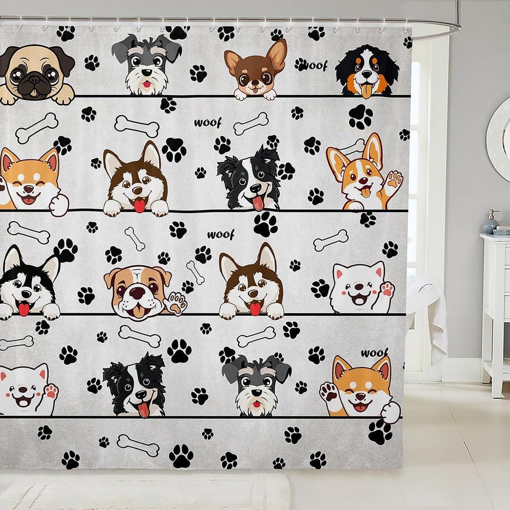 Lovely Dog Shower Curtains,Cute Puppies Cartoon Animal Bath Curtain,Paw Print Blue Cloth Fabric Bathroom Decor Set with Hooks