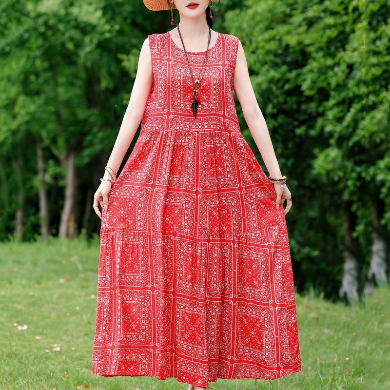 Elegant Sleeveless Dress for Women Plus Size Short Sleeve Vintage Print Long Dress Summer Casual Middle-aged Women's Clothing