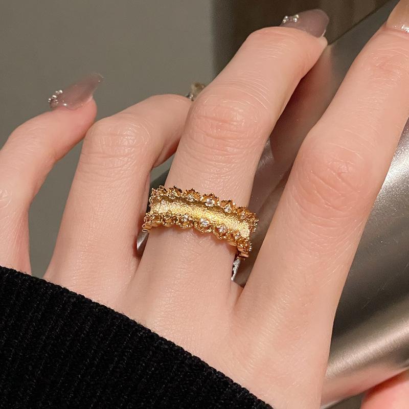 Flower Antique Vintage Brushed Tiger'S Eye Stone Open Ring Niche Retro High-End Accessories Women