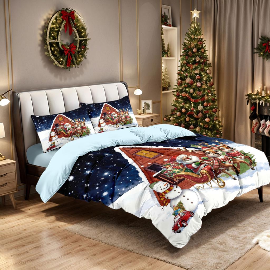 3pc Christmas House Print Coreless Duvet Set Multi Size Bedroom Holiday Dormitory Bedding Decoration Softmachine Washable