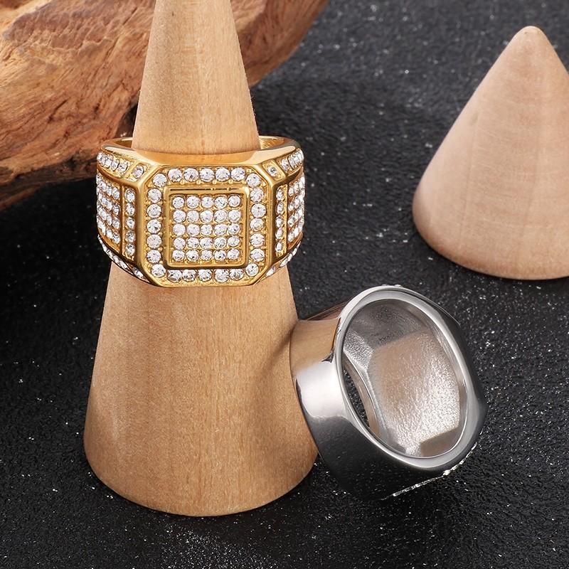 Hip Hop Full Zircon Larger Finger Rings Men's Shiny Stainless Steel Women's Gold Color Anillos Cocktail Ring Party Jewelry Gift