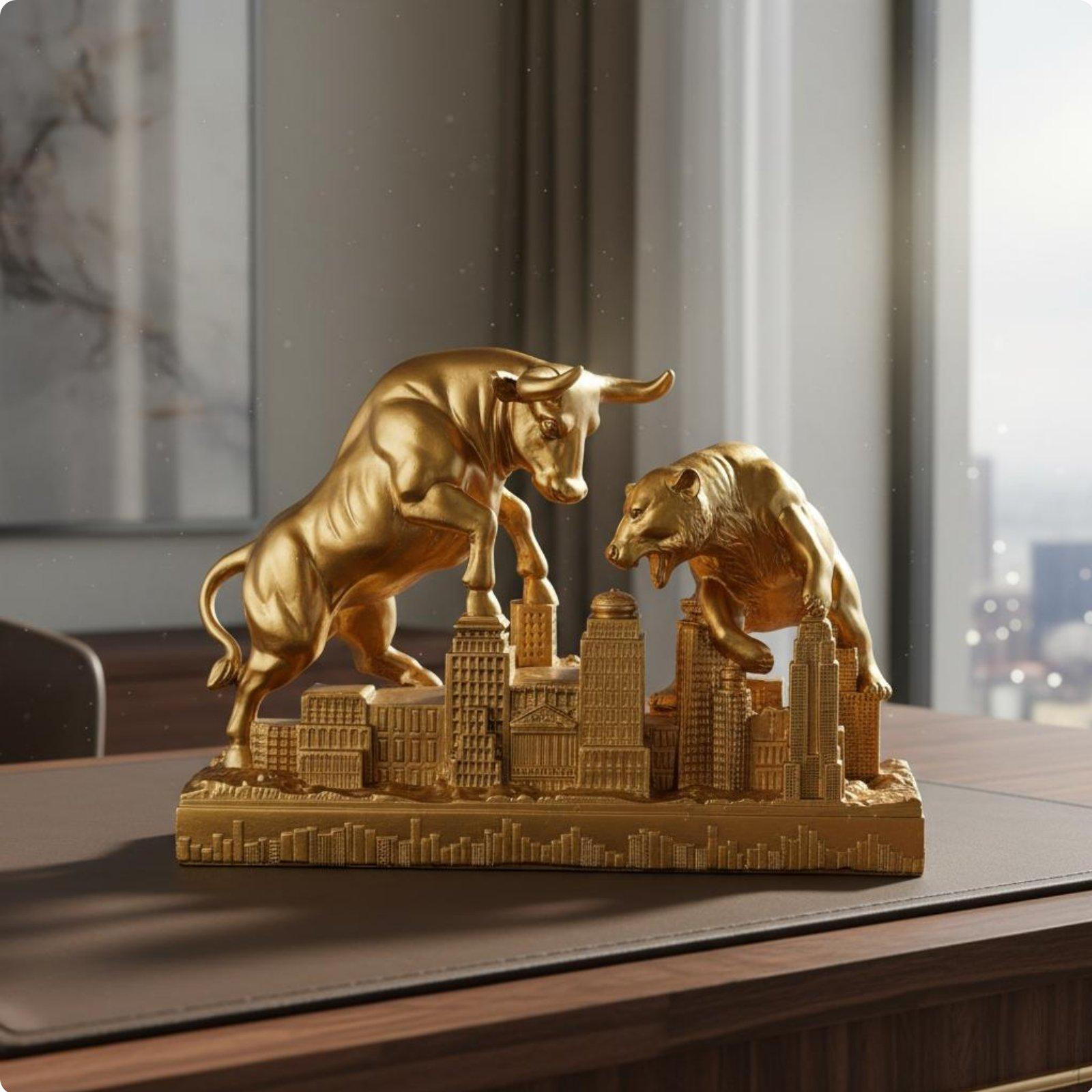 Bull and Bear Figurine Resin Craft Rising Falling Market Statue 3D Cityscape Base Stock золотой