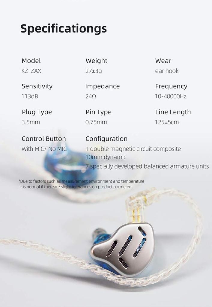 CCA KZ ZAX In-Ear Monitor Headphones, 16-Unit 7BA+1DD Hybrid Driver, Hi-Fi IEM Earphones, Metal Gaming Earphones, 2-Pin Detachable Cable Included (No