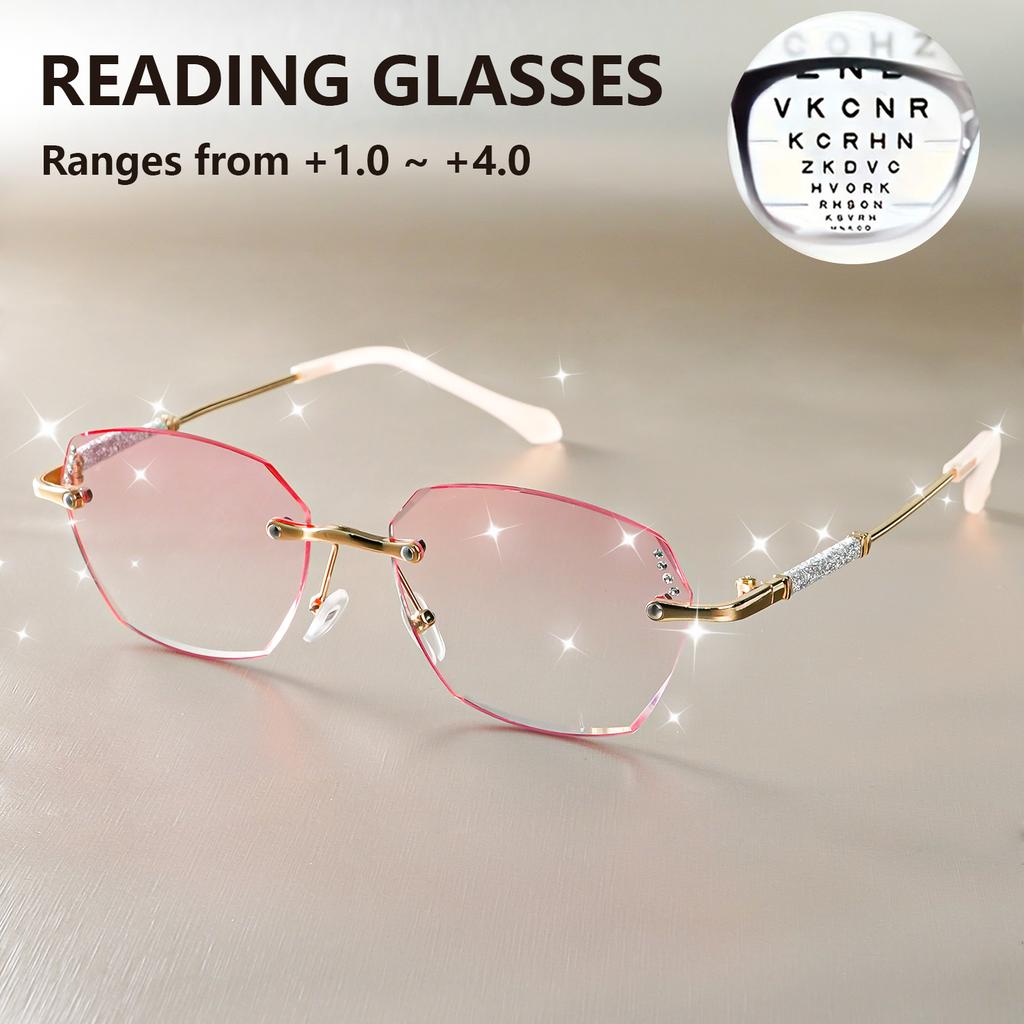 Elegantes Óculos de Leitura Sem Aro com Strass Brilhantes - Gradiente Rosa, Ajuste Confortável +1.0 A +4.0 Ampliação