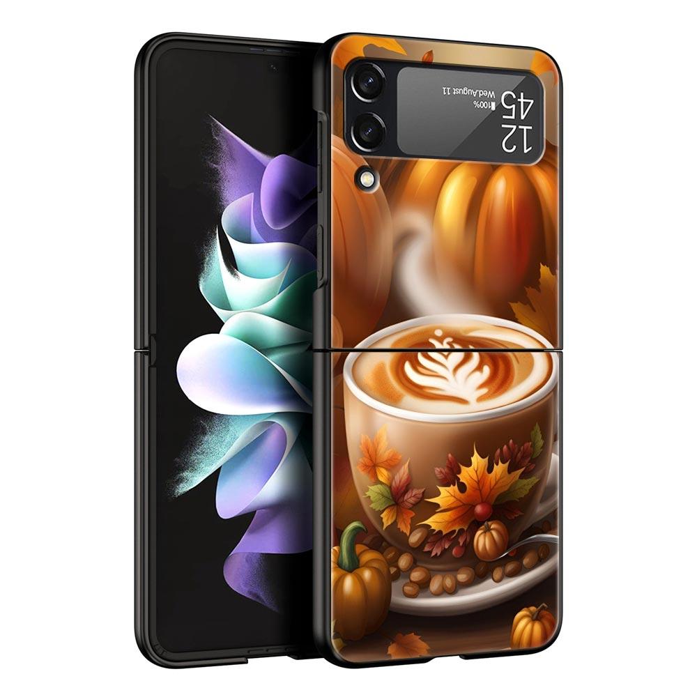 Pumpkin Autumn Leaves Coffee Hard PC Phone Case For Samsung Galaxy Z Flip 7 6 5 4 Black Cover For Galaxy Z Flip 3 Foldable Shell
