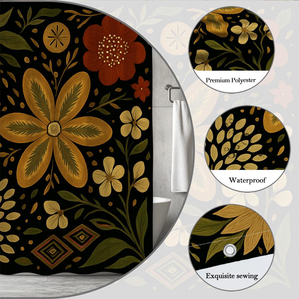 Bold Black Floral Shower Curtain Golden And Rust Flowers Tribal Pattern Boho Artistic Design Waterproof Simple Installation