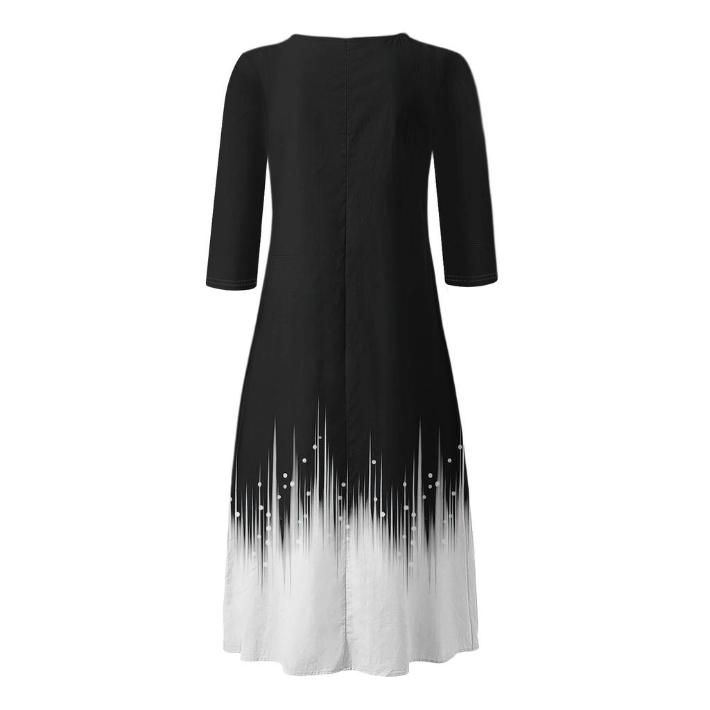 Damen Sommer Freizeit V-Ausschnitt Knopf Retro Geometrischer Druck Dreiviertelarm Langes Kleid mit Taschen