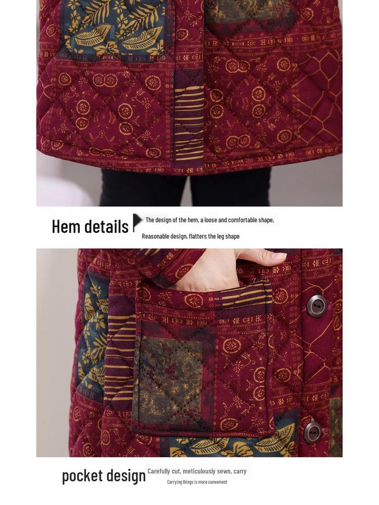 Floral Mid-Length Winter Cotton Jacket for Middle-Aged and Elderly Women - Warm and Stylish Outerwear.