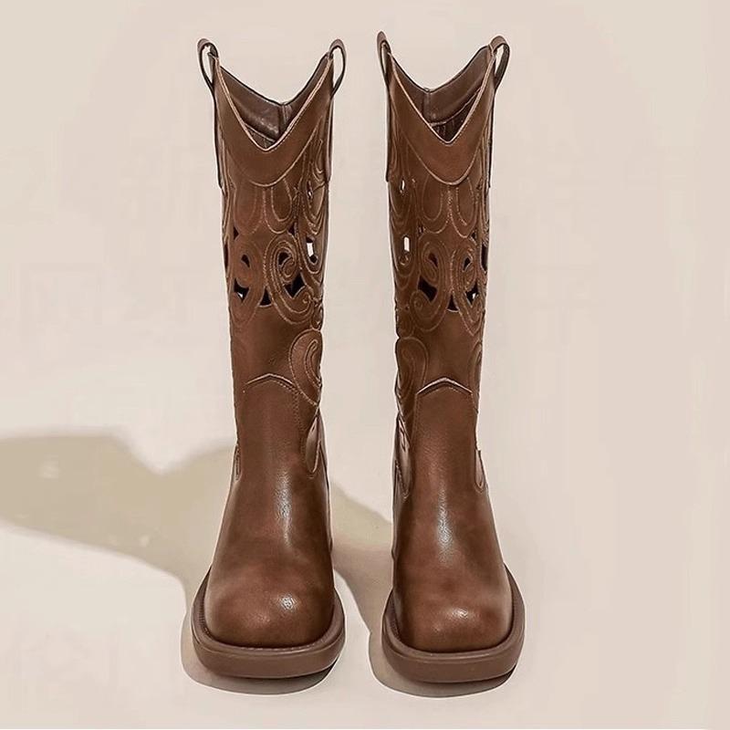 Aumento de altura interior tacón grueso botas de vaquero occidentales para mujer botas de caballero retro primavera y verano finas estilo étnico huecas botas altas