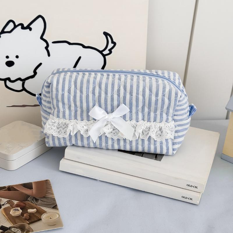

Kawaii Stripe Blue Striped Lace Cosmetic Bags Pouch Cute Makeup Bag for Girls Aesthetic Ins Pencil Case Teens Student Gift синий