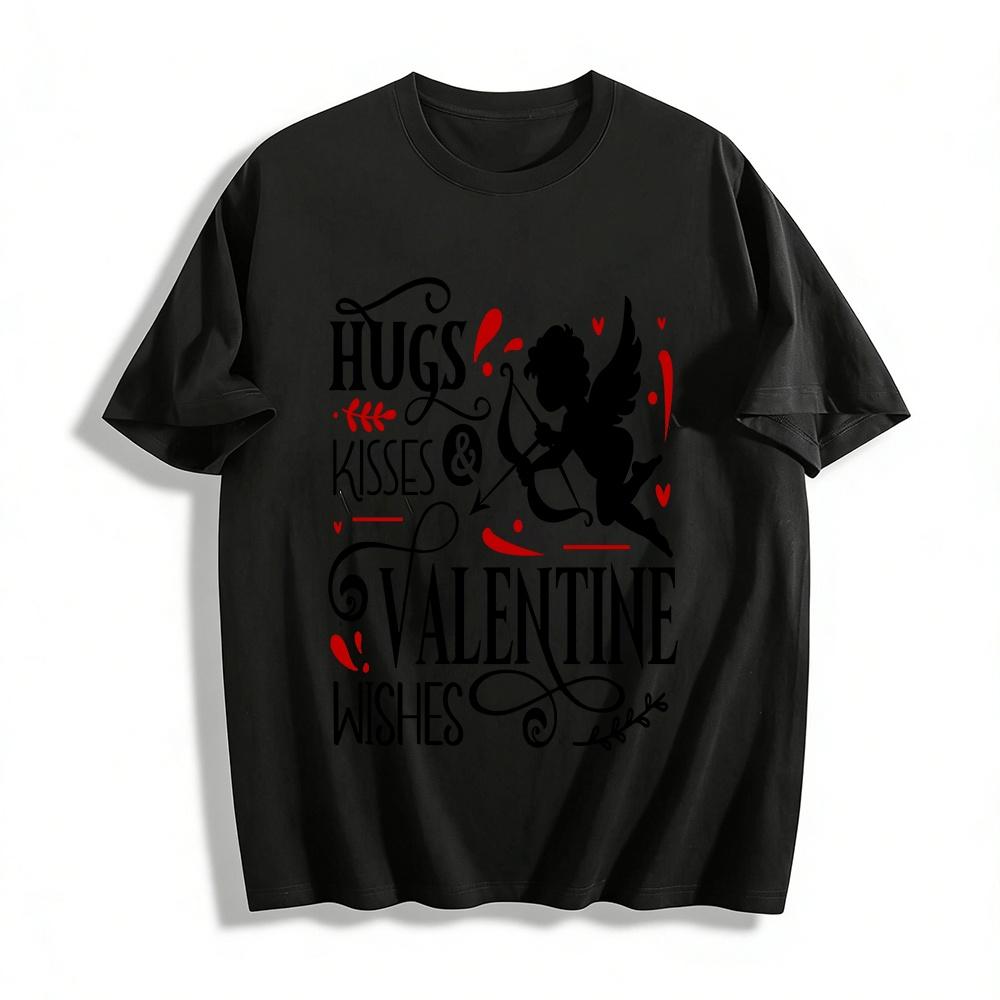 Valentine s Day Hugs Kisses Wishes Cupid Print Casual Tee Pure cotton T-shirt XXS