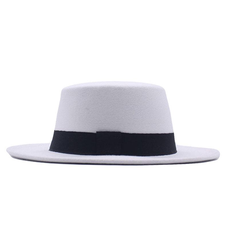 Retro British style black ribbon flat top top hat couple men and women spring and autumn woolen thermal hat