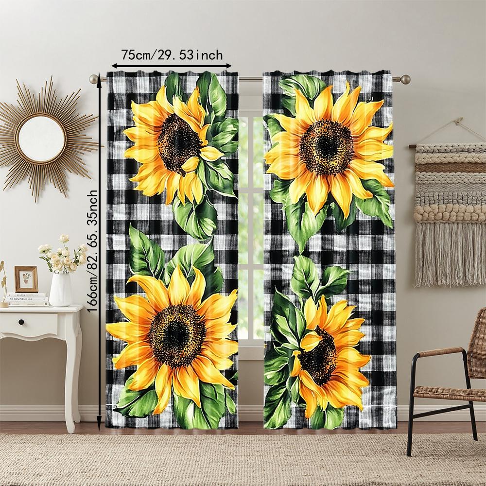 Set Of 2 Elegant Curtain Plaid Sunflower Print Window Charming European Style Design Vintage Decoration Kitchen Polyester Perfect For Cooking Area