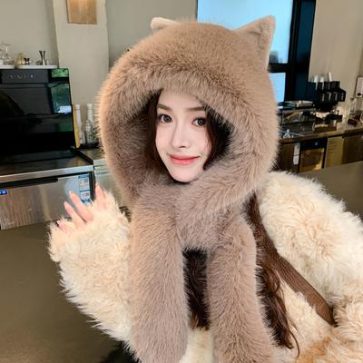 New Autumn and Winter Hats for Women Cute Bear Scarf Integrated Hats for Winter Warm Ear Protection Hats Thickened Outdoor Cold Hats
