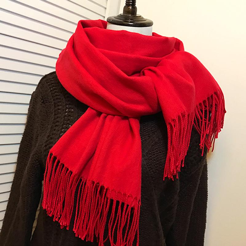 Imitation Cashmere Scarf - Solid Color, Warm Red & Navy Blue with Tassels, Perfect for Ladies' Winter Wear and Annual Meetings