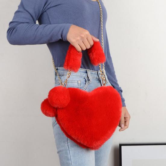 Lady Crossbody Bag Solid Color Fuzzy Faux Fur Decor Heart Shape Hollow