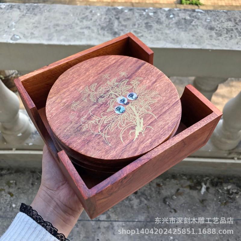 Wooden Coaster Set Tea Cup Table Mat Heat Resistant Handcrafted Floral Carved Dining Accessory Modern Minimalist