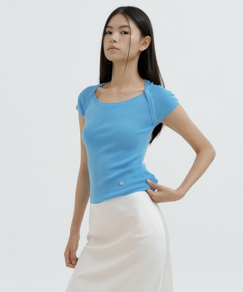 LUCIR ZU Boatneck Bolero Knit Top (Sky Blue)