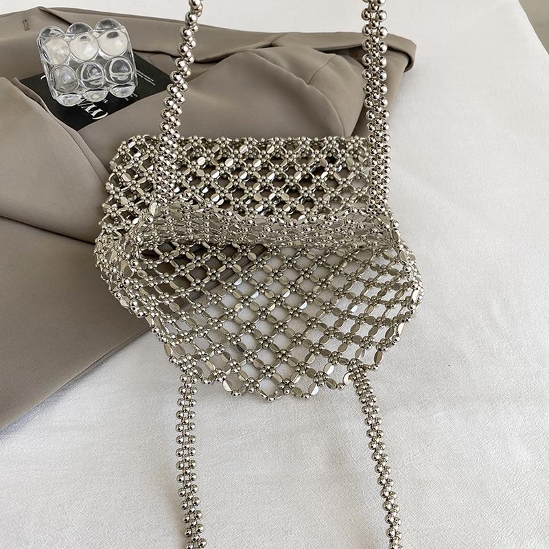 2025 New Summer Vacation Bag Boho Beach Hollow Out Shoulder Bag For Women Handmade Beading Handbag Silver Metal Top Handle Tote
