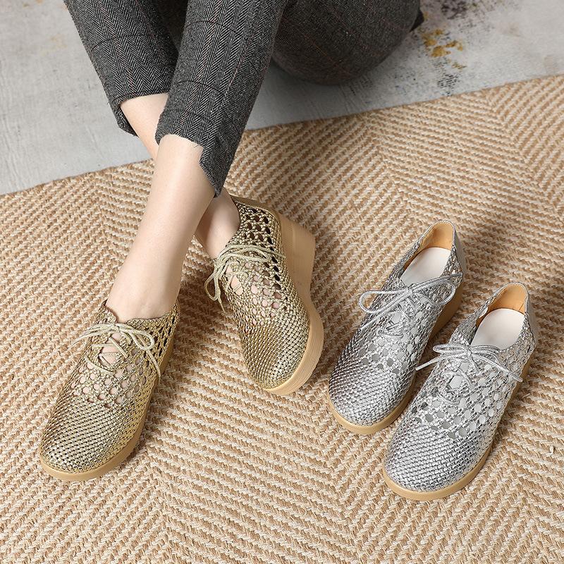 Fashion GKTINOO Genuine Leather Woven Wedges Platform Women's Shoes 2025 Summer New Lace-up Soft Sole Casual Hollow Breathable Sandals