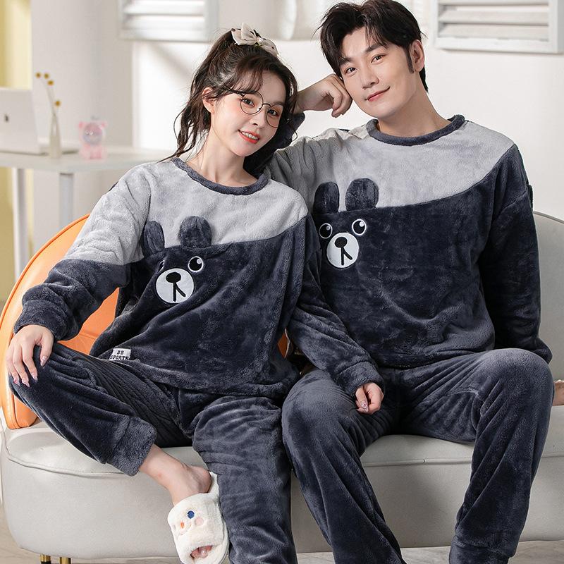 2PCS/Set Women's Coral Fleece Pajamas Fall and Winter Padded Thickened Home Clothing Set of Warm Pullover Can Be Worn Outside