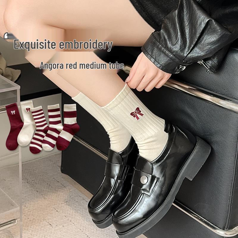 2024 Autumn/Winter Angora Red Socks with Wine Red Bow Embroidery - Medium To Long Pile Style