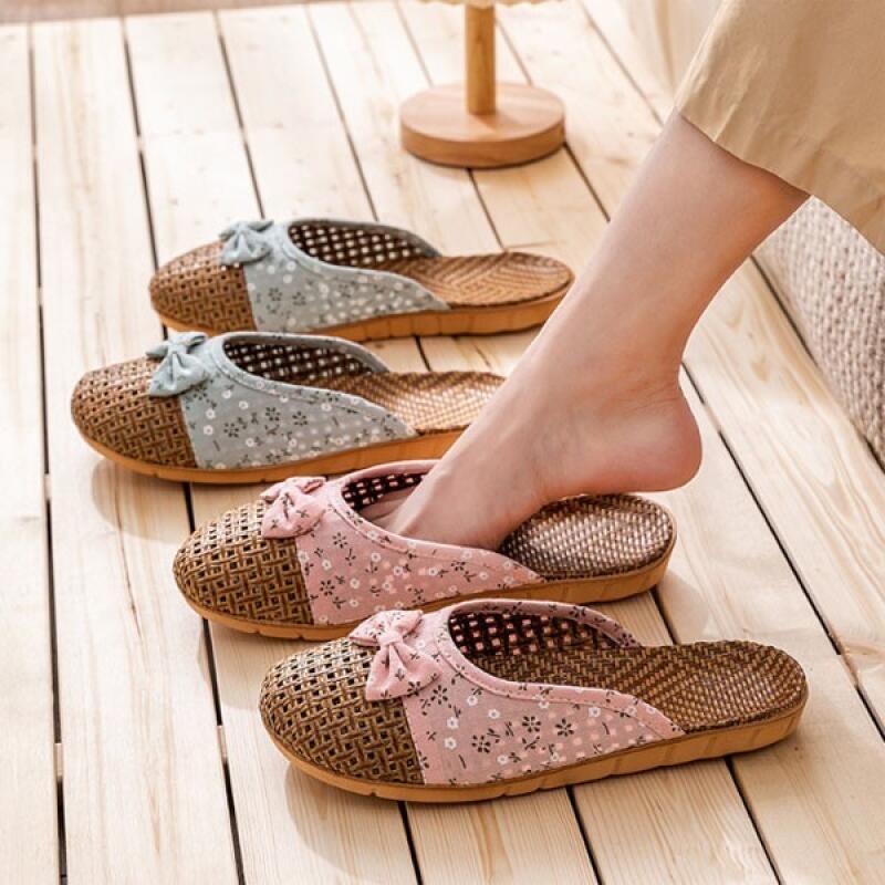 Flower Ribbon Front Mesh Rattan Mule Slippers Mint
