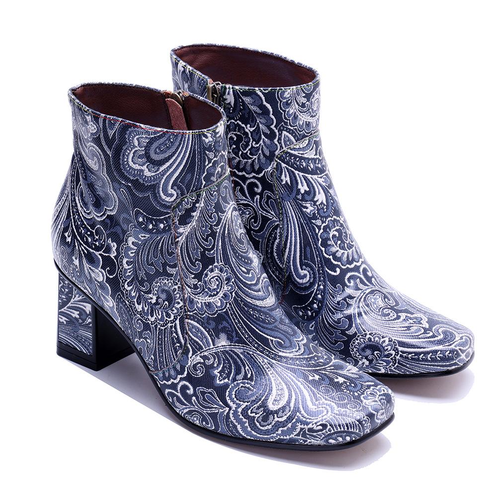 Johnature Genuine Leather Handmade Printed Comfortable Coarse Heel Side Zipper Women's Short Boots