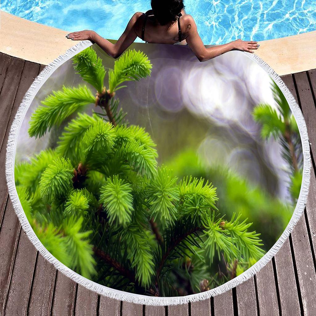 Pine Tree Printed Round Beach Towel with Tassels, Microfiber Beach Blanket, Absorbent Quick Dry Pool Towel Portable Picnic Mat