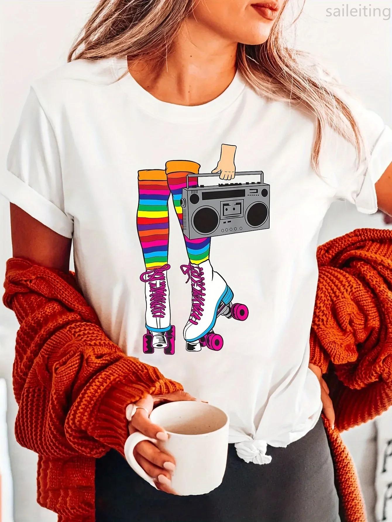 

Retro Womens Tshirt Rollerskates Print Tshirt Short Sleeve Crew Neck Casual Top Womens Clothing Aesthetic Clothes 4XL