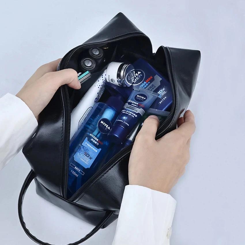 Mens Business Travel Bag Zipper Makeup Bags PU Leather Travel Toiletry Bag Cosmetics Organizer Storage Pouch Large Capacity