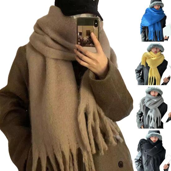 Dámská zimní šála Zesílený široký Dlouhý střapec Jednobarevný Útulný Větruodolný Chladuvzdorný Měkký dámský Ozdobný šátek na krk