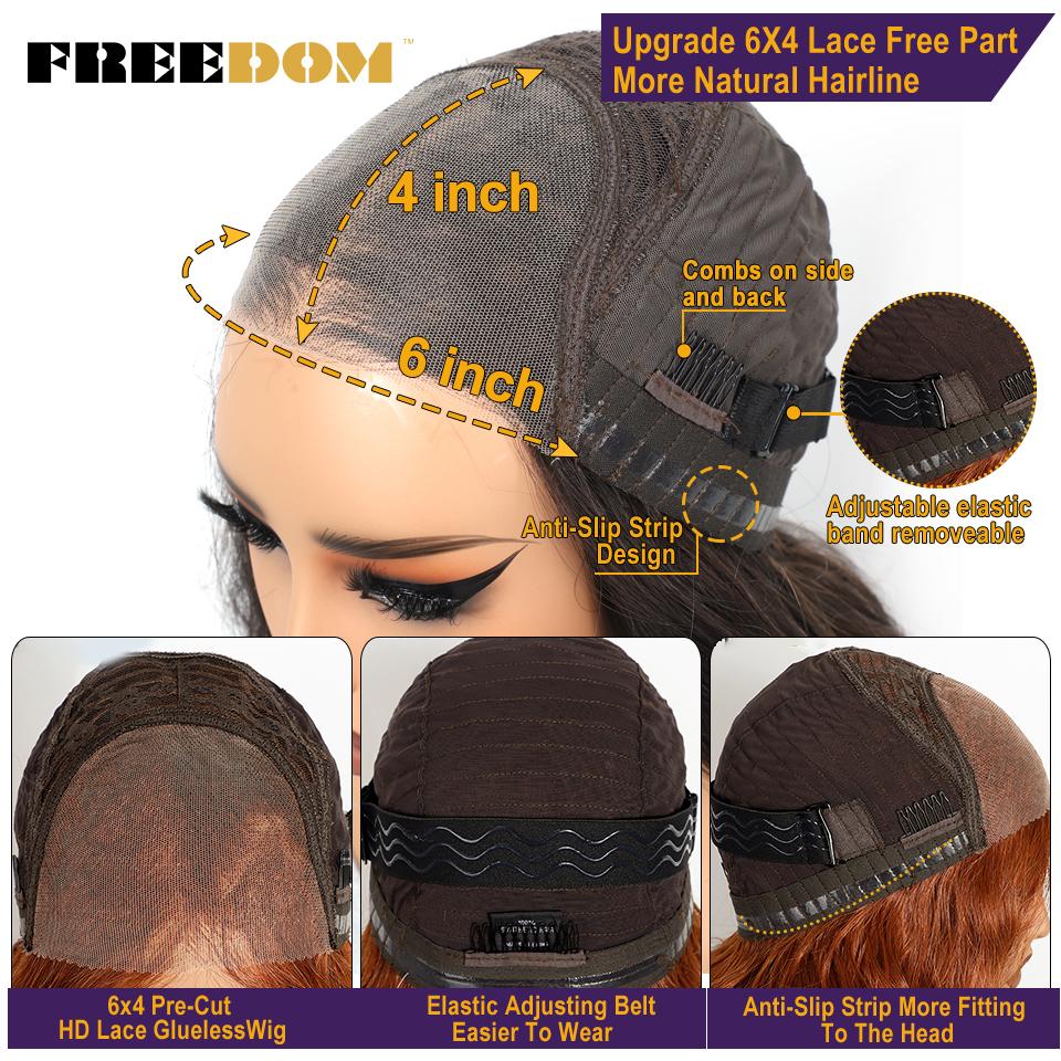 FREEDOM Synthetic Lace Front Wigs For Women 6x4 Pre Plucked Pre-cut Wear and Go Glueless Wig Long Curly Wavy Ginger Cosplay Wig