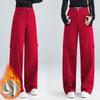 Women's High-Waisted Red Velvet Cargo Sweatpants - Winter Thickened, Wide-Leg, Casual Sports Pants