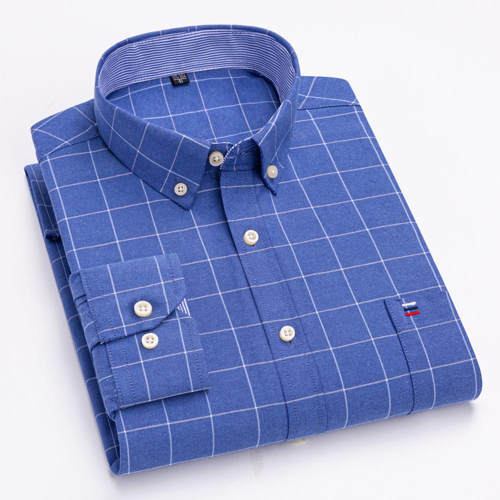 

Сорочки чоловічі Оксфорд з довгими рукавами картаті м які звичайного крою формальна сорочка з кишенею соціальна блуза чоловічий одяг S-7XL 40