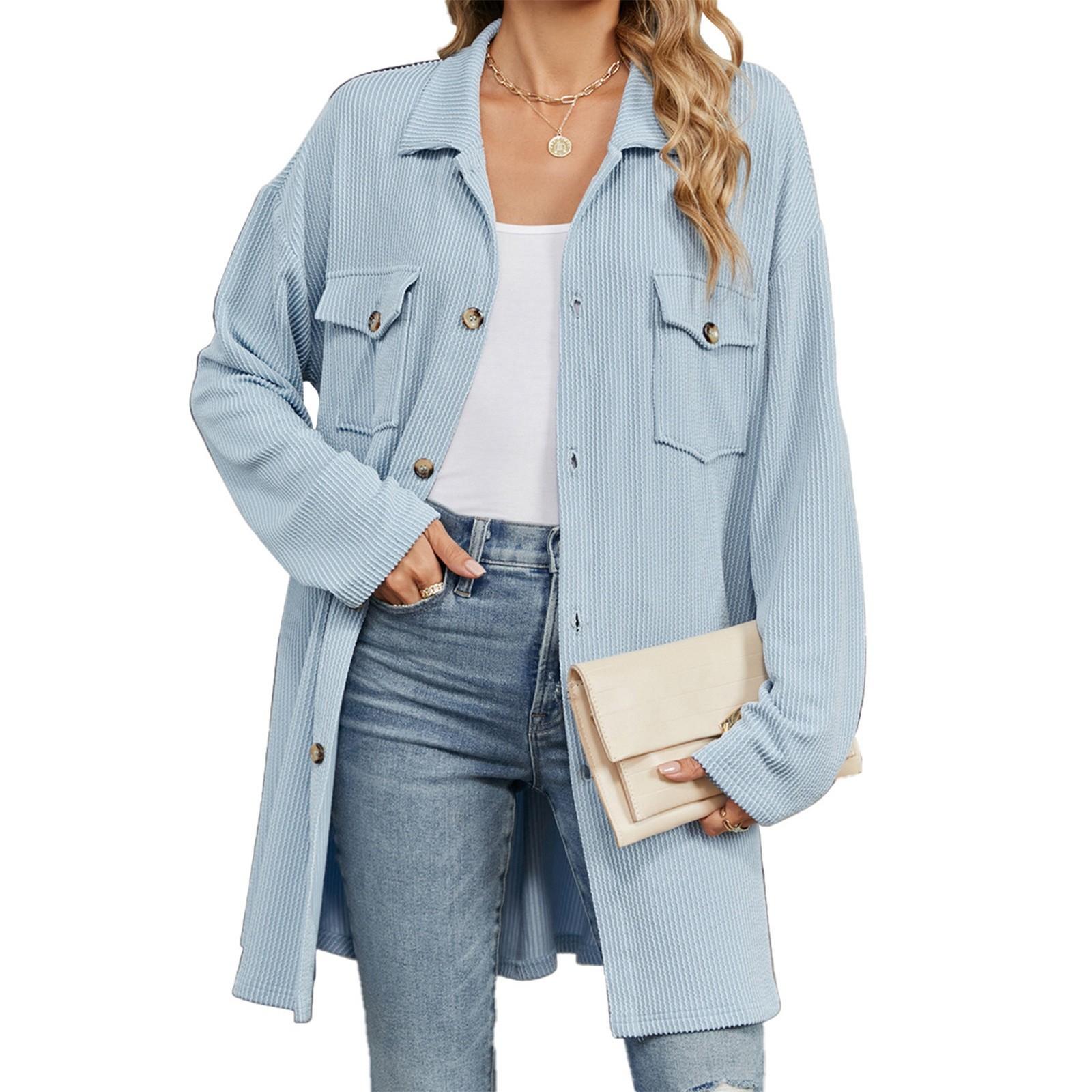 

Женская модная однотонная свободная куртка с карманом на пуговицах и длинными рукавами XL небесно-голубой