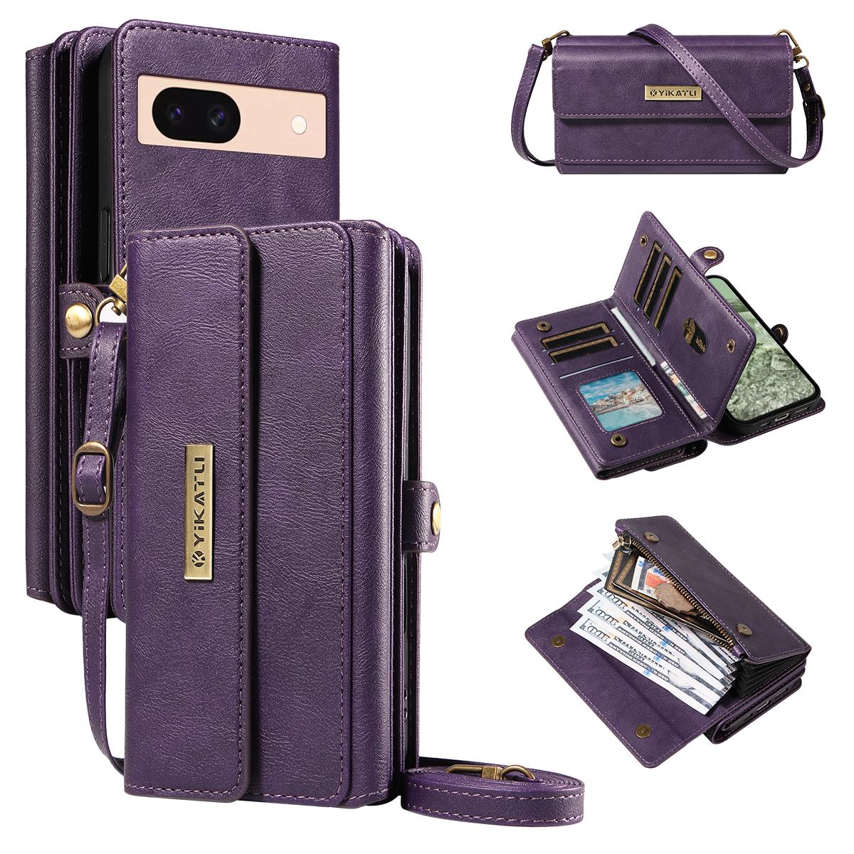

For Google Pixel 8a Case YIKATU YK-008 Zipper Wallet Leather Phone Cover with Shoulder Strap Purple