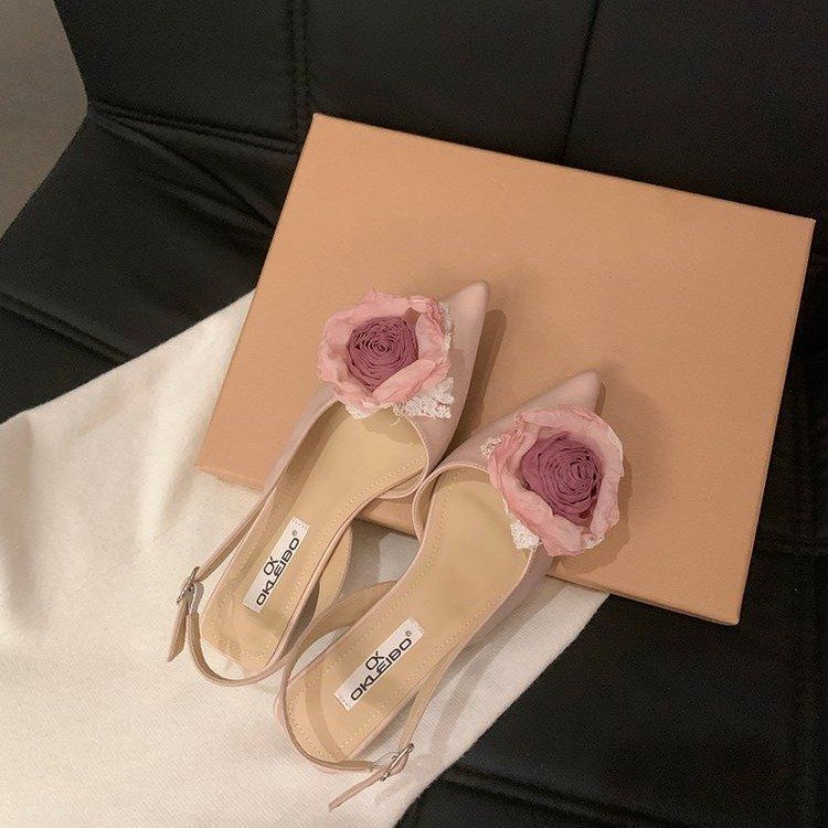 Design sense flower high heels French bag head sandals women's shoes 2025 new spring and summer temperament pointed single shoes