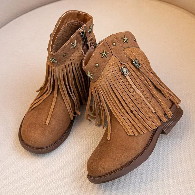 Youth Style Shoes Girls Western Style Ankle Boots Kids Slip-On Fashion With Rubber Sole Fringe Detail