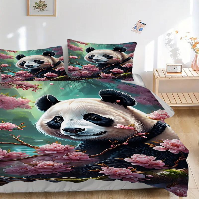 3ks Sada povlaků na peřinu Panda a Třešňový květ - Obsahuje 1 povlak na peřinu a 2 povlaky na polštář, Bez výplně, Celoroční bytový dekor  yy251111198