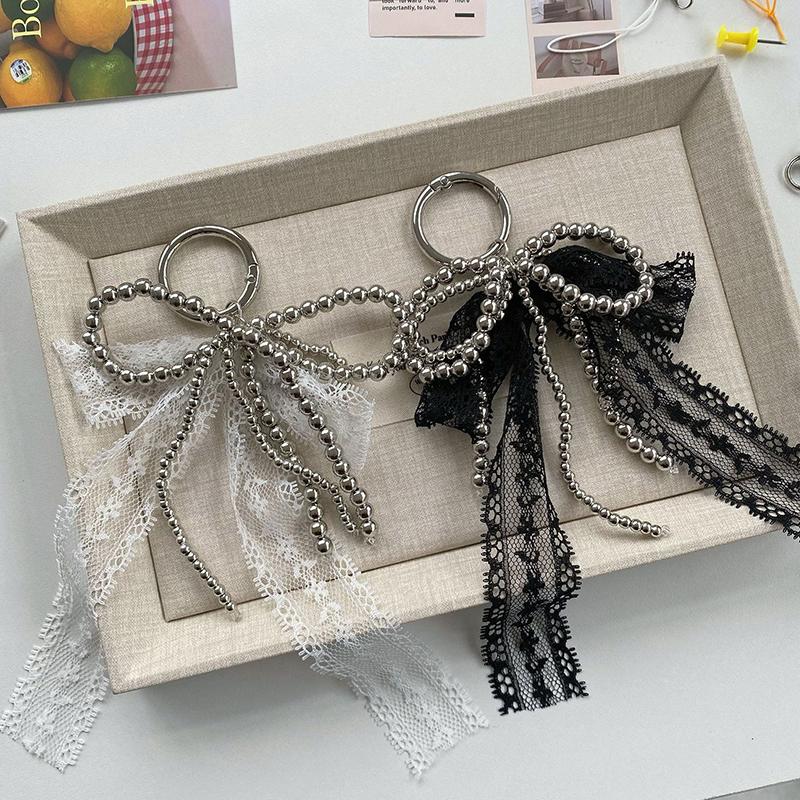 Sweet Lace Pearl Bow Keychain Pendant Car Keychain For Women Girls  Exquisite Backpack Decoration Accessories Gifts