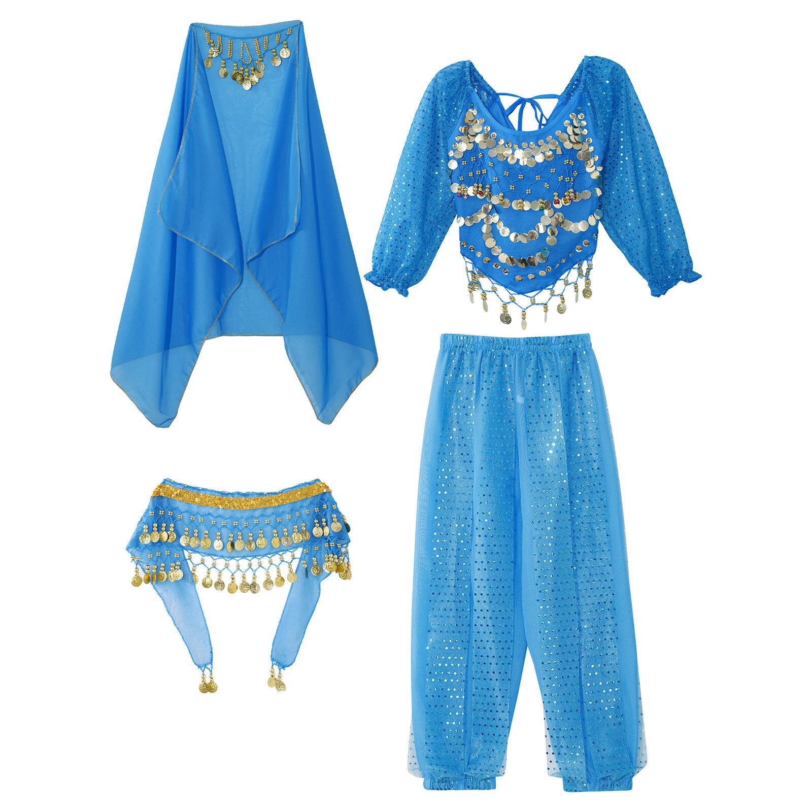 

Детский костюм для танца живота, комплект с блестками, укороченный топ, шаровары со шнуровкой сзади и аксессуары 11-12 Years небесно-голубой