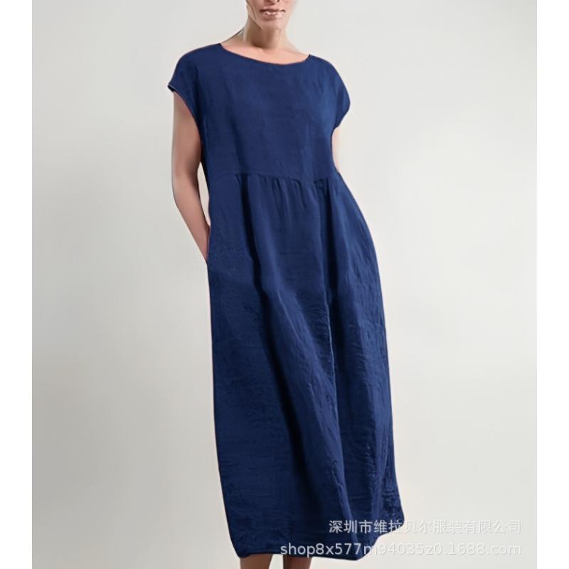 Summer Round Neck Solid Color Short-sleeved Dress Loose Cotton and Linen Pocket Women's Dress