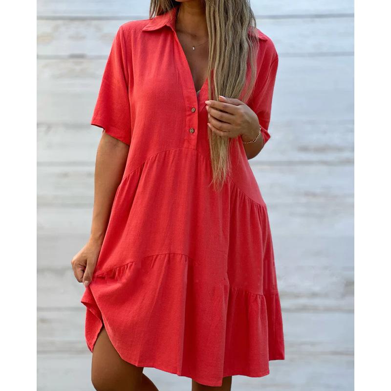 Women s Loose Solid Color Lapel Collar Casual Short Sleeve Cotton Linen Dress S красный