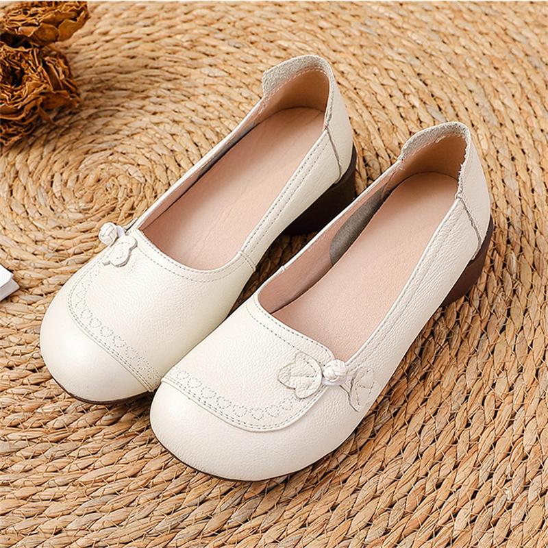 Genuine Leather Women's Shoes Low Heeled Retro Cowhide Single Shoes Women Shallow Mouth Loafers Ladies Casual Comfortable Shoes