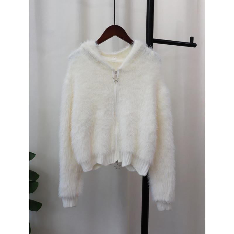 Hooded zipper imitation mink velvet knitted cardigan autumn and winter loose soft waxy sweater jacket women's casual versatile