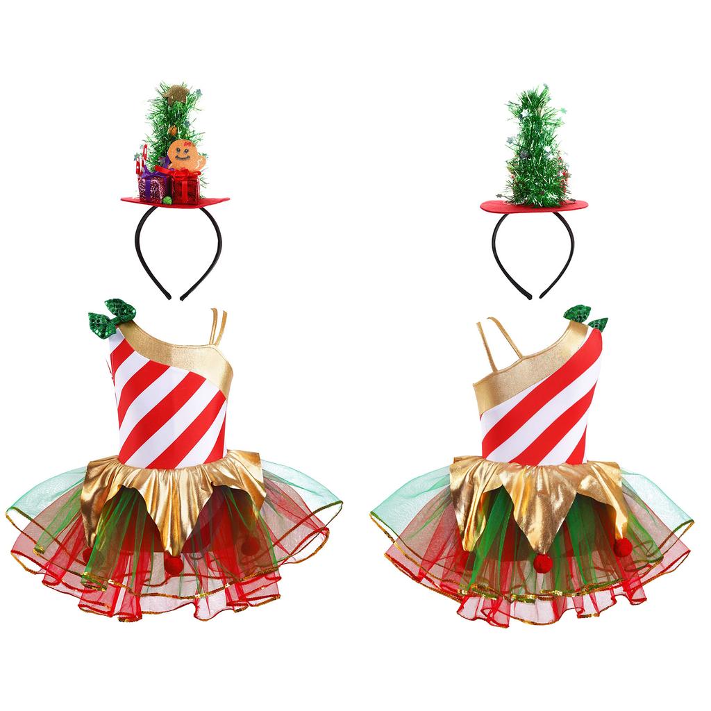 Kids Girls Carnival Cosplay Costume Asymmetrical Shoulder Sleeveless Stripes Print Dress with Headband